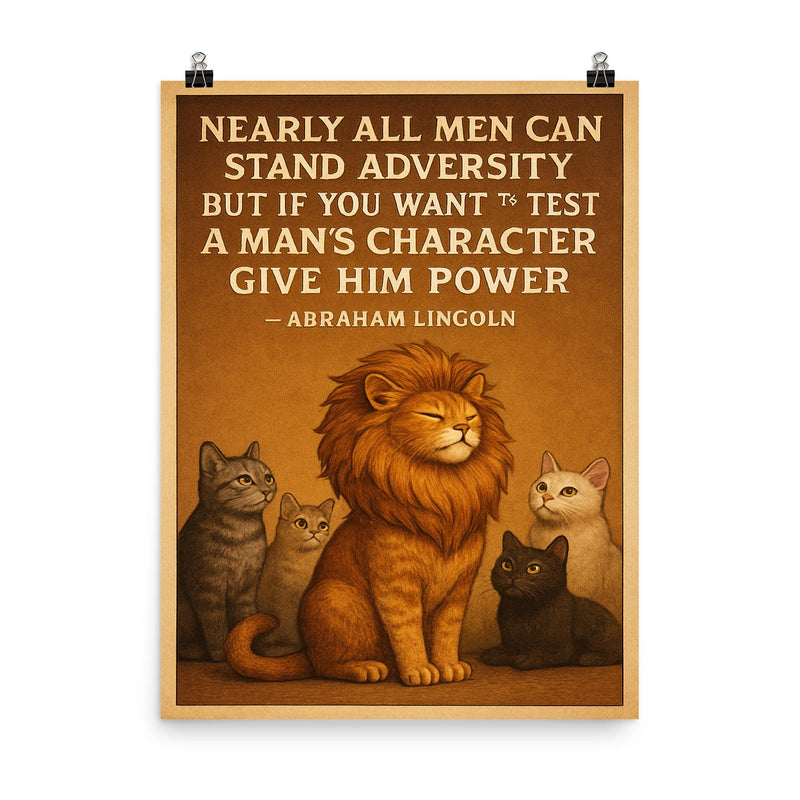 abraham lincoln quote about power and character with cat poster on a plain backdrop in size 8