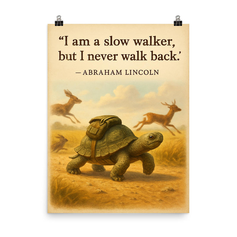 abraham lincoln quote slow walker never walk back determined turtle with backpack inspirational poster on a plain backdrop in size 8