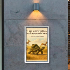 abraham lincoln quote slow walker never walk back determined turtle with backpack inspirational poster 2