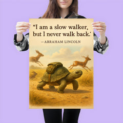abraham lincoln quote slow walker never walk back determined turtle with backpack inspirational poster 3