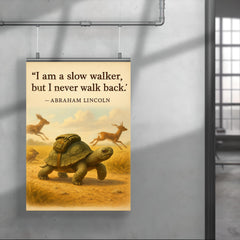 abraham lincoln quote slow walker never walk back determined turtle with backpack inspirational poster 4