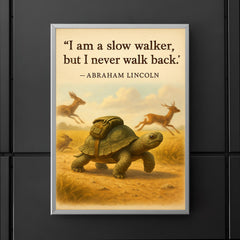 abraham lincoln quote slow walker never walk back determined turtle with backpack inspirational poster 5