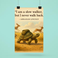 abraham lincoln quote slow walker never walk back determined turtle with backpack inspirational poster 6