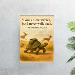 abraham lincoln quote slow walker never walk back determined turtle with backpack inspirational poster 7