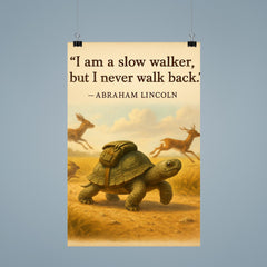 abraham lincoln quote slow walker never walk back determined turtle with backpack inspirational poster 9