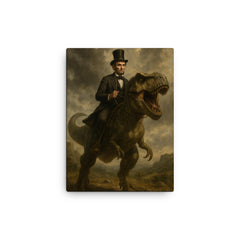 Abraham Lincoln riding a dinosaur canvas print on a plain backdrop in size 12"x16".