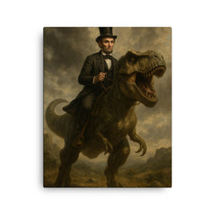 Abraham Lincoln riding a dinosaur canvas print on a plain backdrop in size 16"x20".
