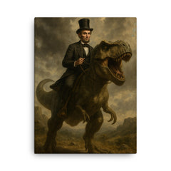 Abraham Lincoln riding a dinosaur canvas print on a plain backdrop in size 18"x24".