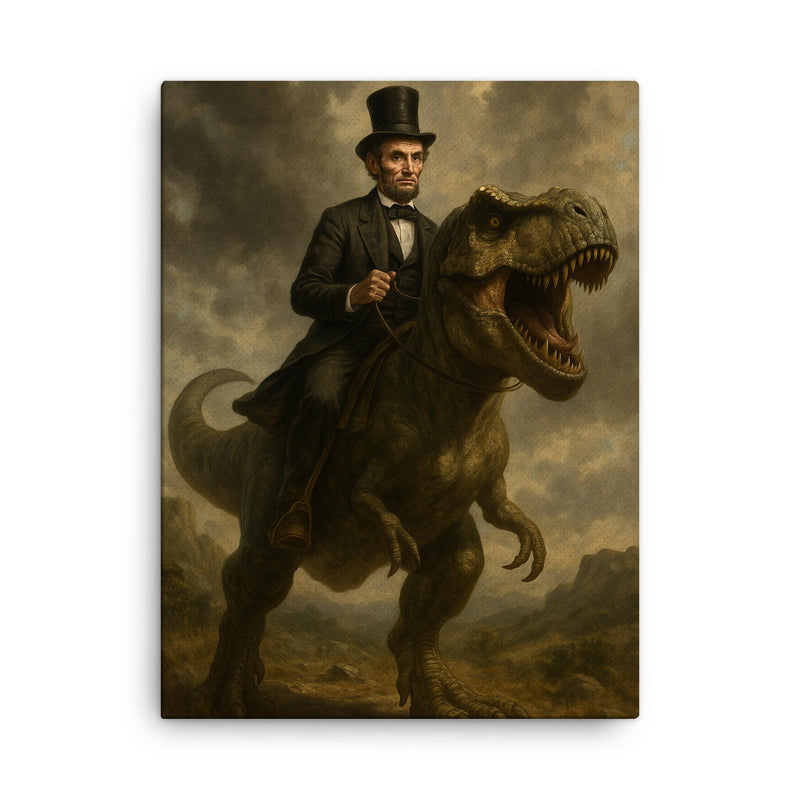 Abraham Lincoln riding a dinosaur canvas print on a plain backdrop in size 18