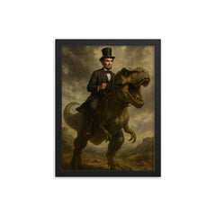 Abraham Lincoln riding a dinosaur framed print on a plain backdrop in size 12"x16".