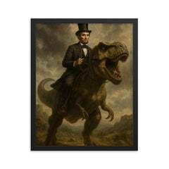 Abraham Lincoln riding a dinosaur framed print on a plain backdrop in size 16"x20".