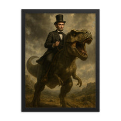 Abraham Lincoln riding a dinosaur framed print on a plain backdrop in size 18"x24".
