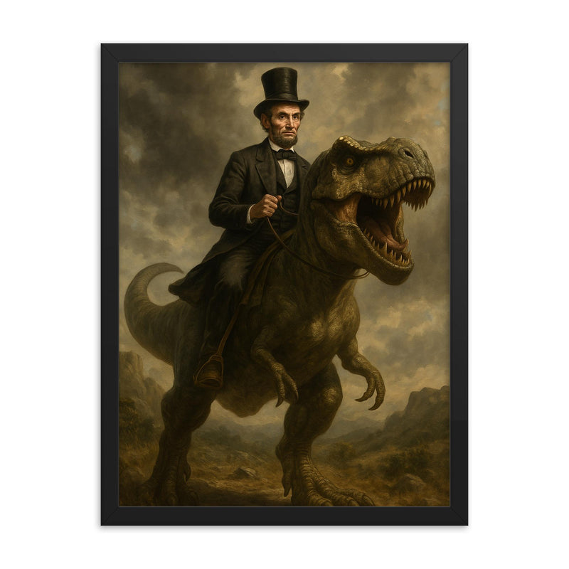Abraham Lincoln riding a dinosaur framed print on a plain backdrop in size 18