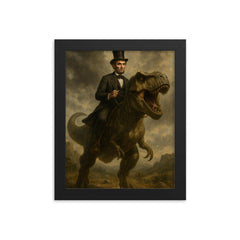 Abraham Lincoln riding a dinosaur framed print on a plain backdrop in size 8"x10".