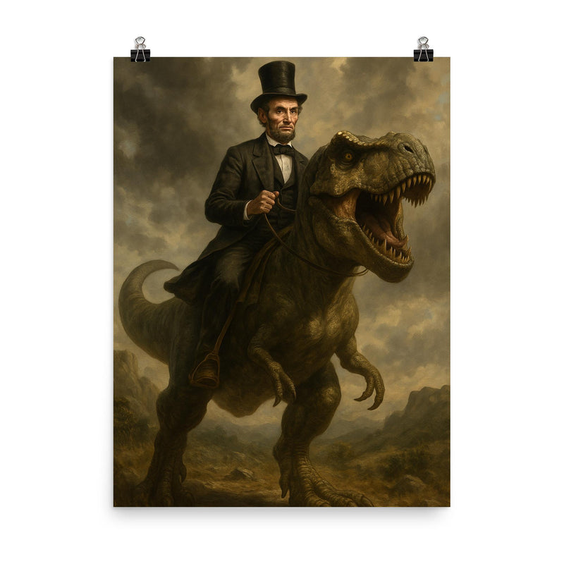 Abraham Lincoln riding a dinosaur poster on a plain backdrop in size 8