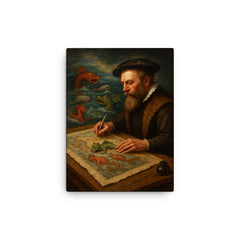 Abraham Ortelius mapping monsters at sea margins canvas print on a plain backdrop in size 12"x16".