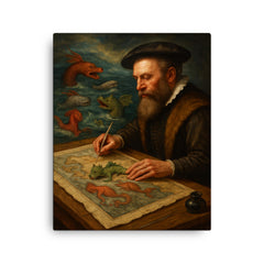 Abraham Ortelius mapping monsters at sea margins canvas print on a plain backdrop in size 16"x20".