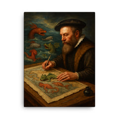 Abraham Ortelius mapping monsters at sea margins canvas print on a plain backdrop in size 18"x24".