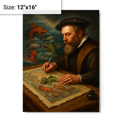 Abraham Ortelius mapping monsters at sea margins metal print on a plain backdrop in size 12"x16".