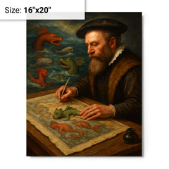 Abraham Ortelius mapping monsters at sea margins metal print on a plain backdrop in size 16"x20".