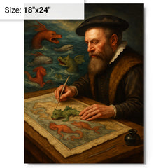 Abraham Ortelius mapping monsters at sea margins metal print on a plain backdrop in size 18"x24".