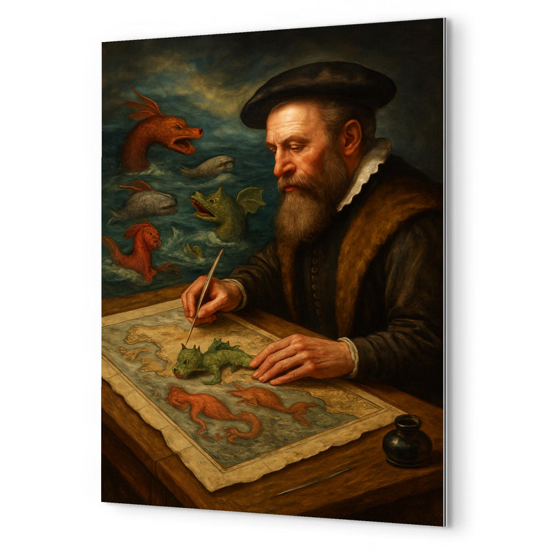 Abraham Ortelius mapping monsters at sea margins metal print mockup