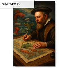 Abraham Ortelius mapping monsters at sea margins metal print on a plain backdrop in size 24"x36".