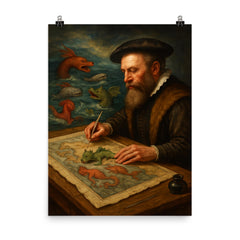 Abraham Ortelius mapping monsters at sea margins poster on a plain backdrop in size 8"x10".