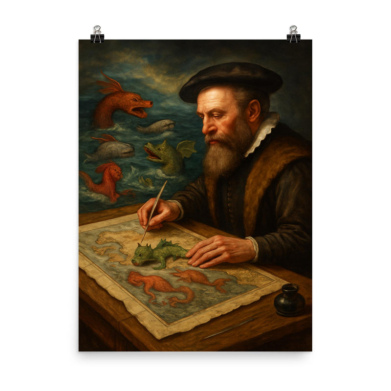 Abraham Ortelius mapping monsters at sea margins poster on a plain backdrop in size 8