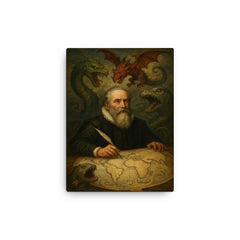 Abraham Ortelius surrounded by monsters on unfinished world map canvas print on a plain backdrop in size 12"x16".