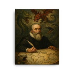 Abraham Ortelius surrounded by monsters on unfinished world map canvas print on a plain backdrop in size 16"x20".