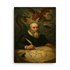 Abraham Ortelius surrounded by monsters on unfinished world map canvas print on a plain backdrop in size 18"x24".
