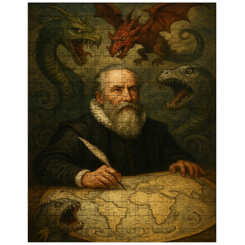 Abraham Ortelius surrounded by monsters on unfinished world map jigsaw puzzle