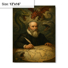Abraham Ortelius surrounded by monsters on unfinished world map metal print on a plain backdrop in size 12"x16".