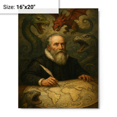 Abraham Ortelius surrounded by monsters on unfinished world map metal print on a plain backdrop in size 16"x20".