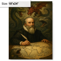 Abraham Ortelius surrounded by monsters on unfinished world map metal print on a plain backdrop in size 18"x24".