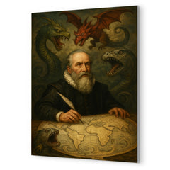 Abraham Ortelius surrounded by monsters on unfinished world map metal print mockup