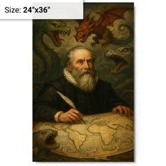 Abraham Ortelius surrounded by monsters on unfinished world map metal print on a plain backdrop in size 24"x36".