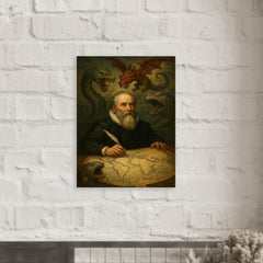 Abraham Ortelius surrounded by monsters on unfinished world map metal print mockup