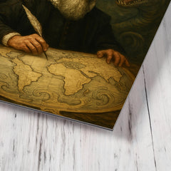 Abraham Ortelius surrounded by monsters on unfinished world map metal print mockup