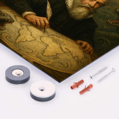 Abraham Ortelius surrounded by monsters on unfinished world map metal print mockup