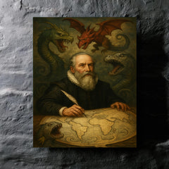 Abraham Ortelius surrounded by monsters on unfinished world map metal print mockup