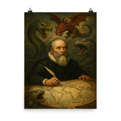 Abraham Ortelius surrounded by monsters on unfinished world map poster on a plain backdrop in size 8"x10".