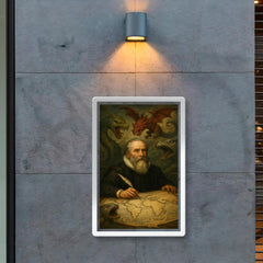 Abraham Ortelius surrounded by monsters on unfinished world map poster 2