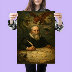 Abraham Ortelius surrounded by monsters on unfinished world map poster 3