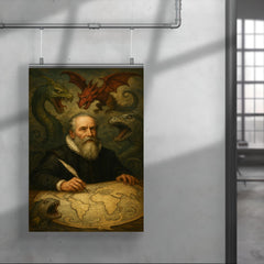 Abraham Ortelius surrounded by monsters on unfinished world map poster 4