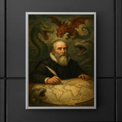 Abraham Ortelius surrounded by monsters on unfinished world map poster 5