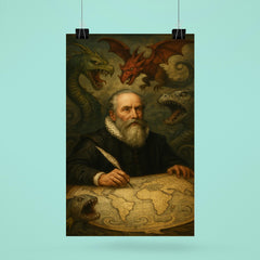 Abraham Ortelius surrounded by monsters on unfinished world map poster 6