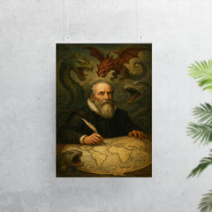 Abraham Ortelius surrounded by monsters on unfinished world map poster 7