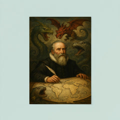 Abraham Ortelius surrounded by monsters on unfinished world map poster 8